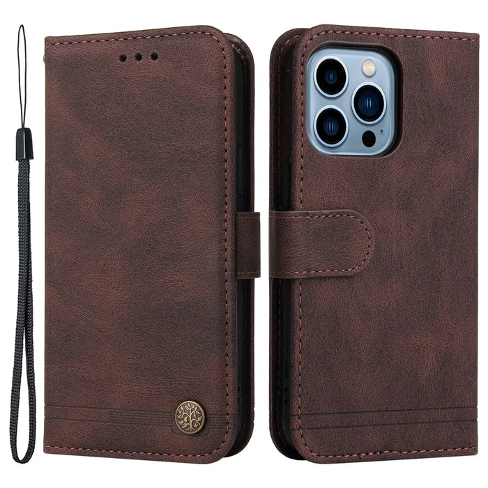 For iPhone 13 Pro Leather Wallet Cases Skin Touch Phone Cover Stand with Strap - Brown - 1