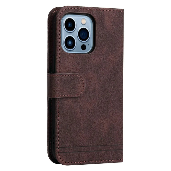 For iPhone 13 Pro Leather Wallet Cases Skin Touch Phone Cover Stand with Strap - Brown - 3