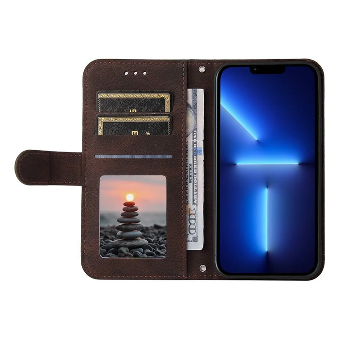 For iPhone 13 Pro Leather Wallet Cases Skin Touch Phone Cover Stand with Strap - Brown - 4