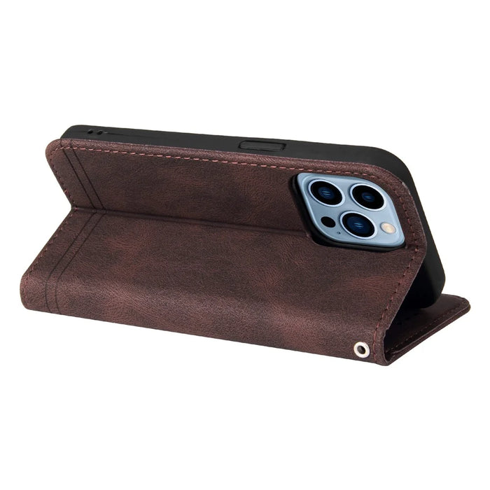 For iPhone 13 Pro Leather Wallet Cases Skin Touch Phone Cover Stand with Strap - Brown - 6