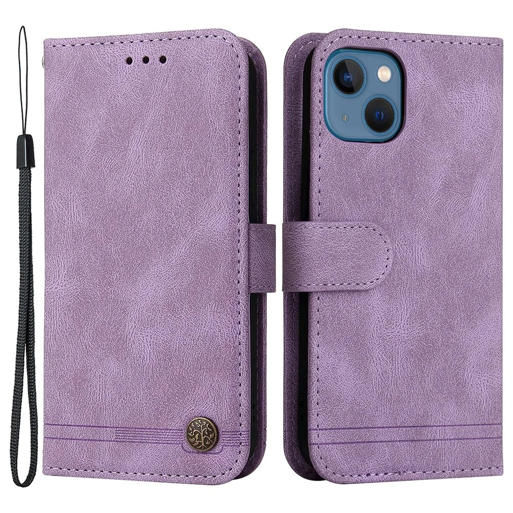 For iPhone 13 Leather Wallet Cases Skin Touch Phone Cover Stand with Strap - Purple - 1