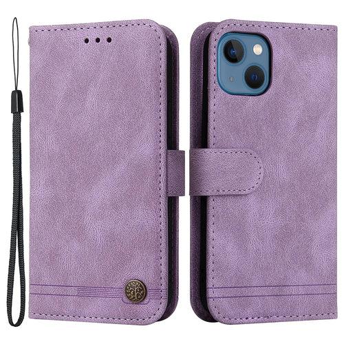 For iPhone 13 Leather Wallet Cases Skin Touch Phone Cover Stand with Strap - Purple - 1