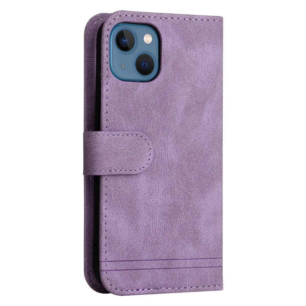 For iPhone 13 Leather Wallet Cases Skin Touch Phone Cover Stand with Strap - Purple - 3