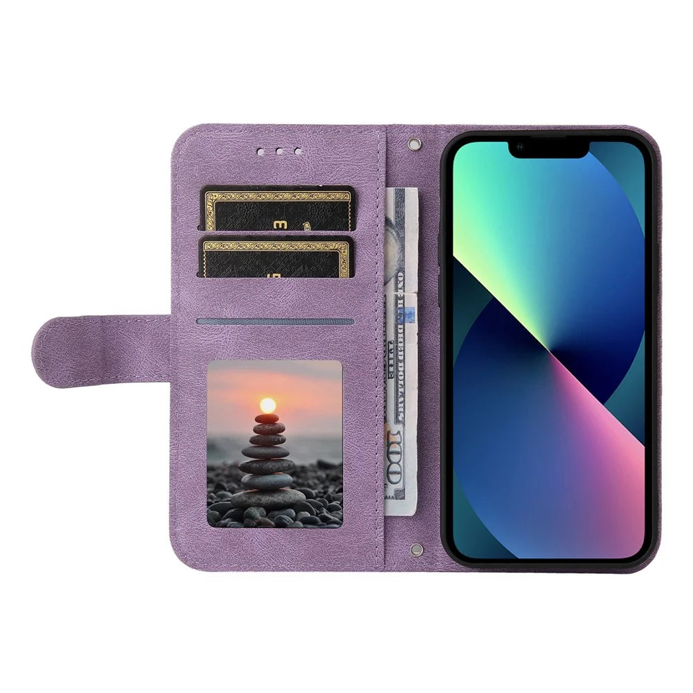 For iPhone 13 Leather Wallet Cases Skin Touch Phone Cover Stand with Strap - Purple - 4