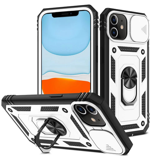 Ring Kickstand PC + TPU Impact-Resistant Bumpers Armor Protective Case with Slide Camera Lens Protection for iPhone 11 6.1 inch - White/Black - 1