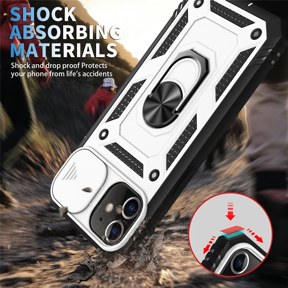 Ring Kickstand PC + TPU Impact-Resistant Bumpers Armor Protective Case with Slide Camera Lens Protection for iPhone 11 6.1 inch - White/Black - 3
