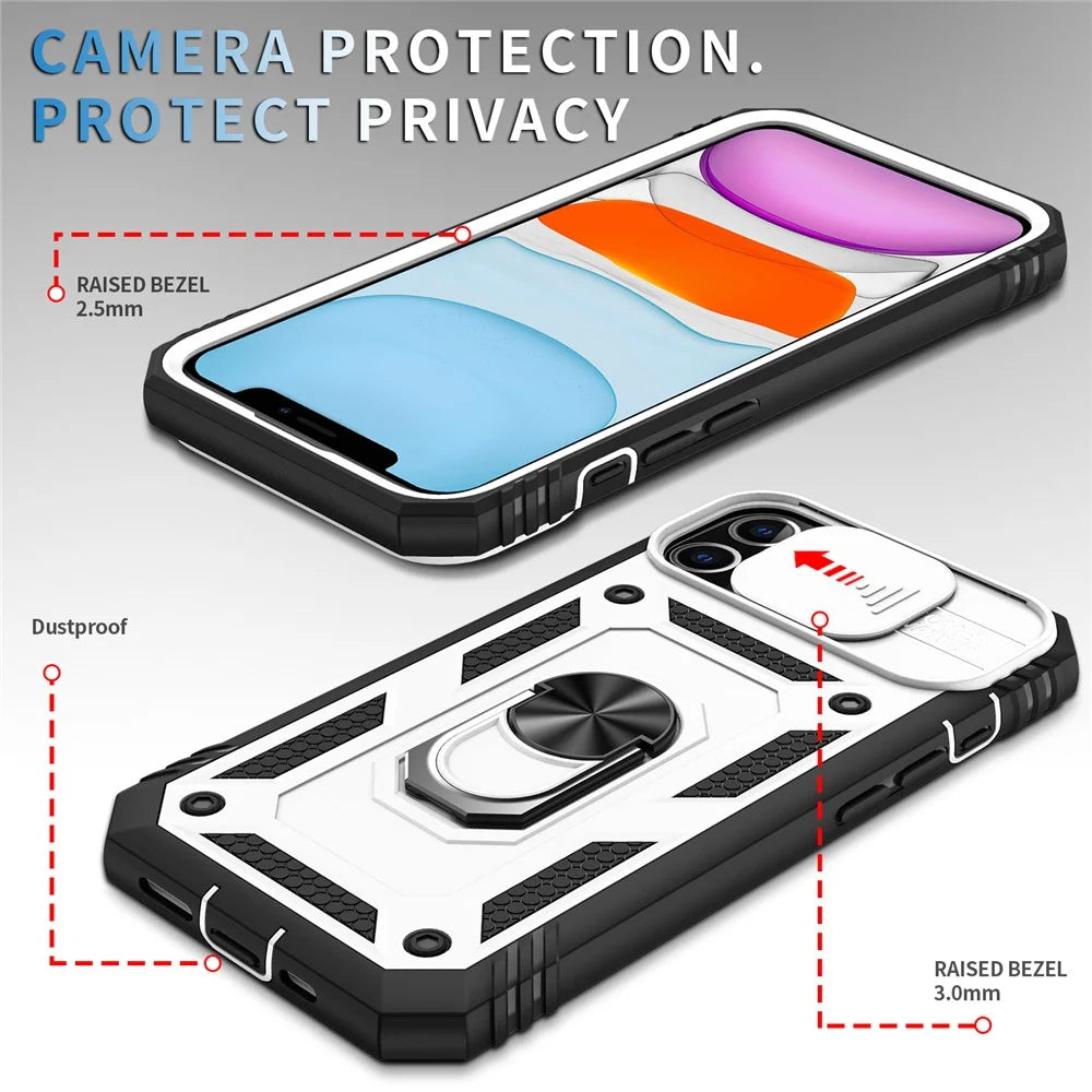 Ring Kickstand PC + TPU Impact-Resistant Bumpers Armor Protective Case with Slide Camera Lens Protection for iPhone 11 6.1 inch - White/Black - 4
