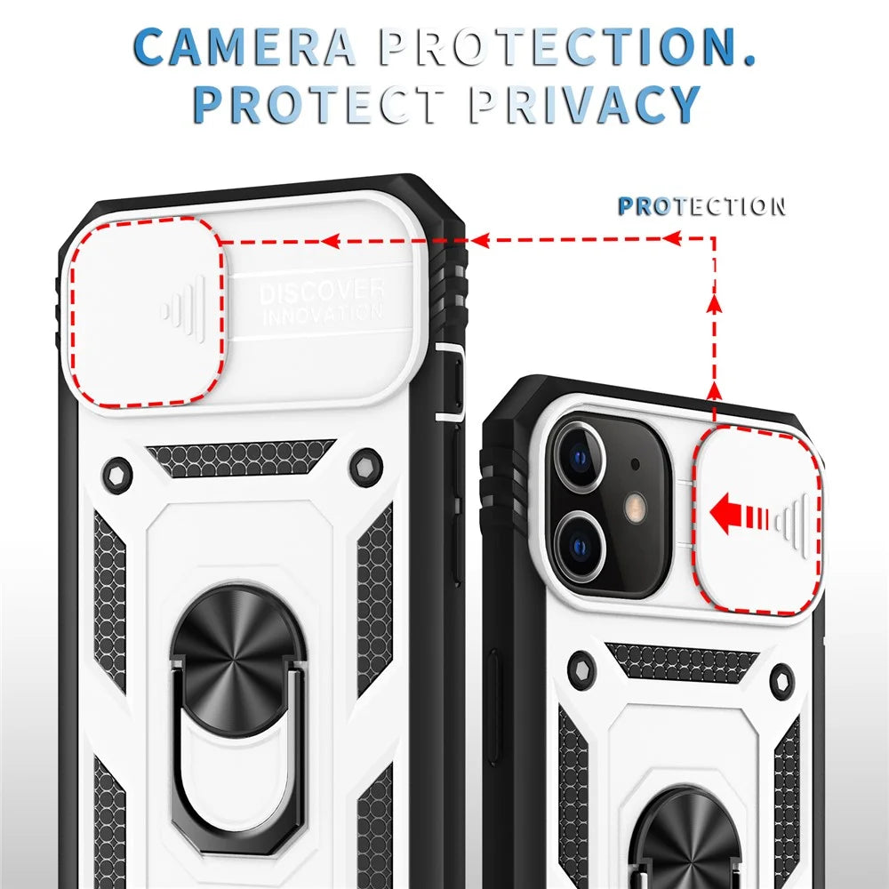 Ring Kickstand PC + TPU Impact-Resistant Bumpers Armor Protective Case with Slide Camera Lens Protection for iPhone 11 6.1 inch - White/Black - 5