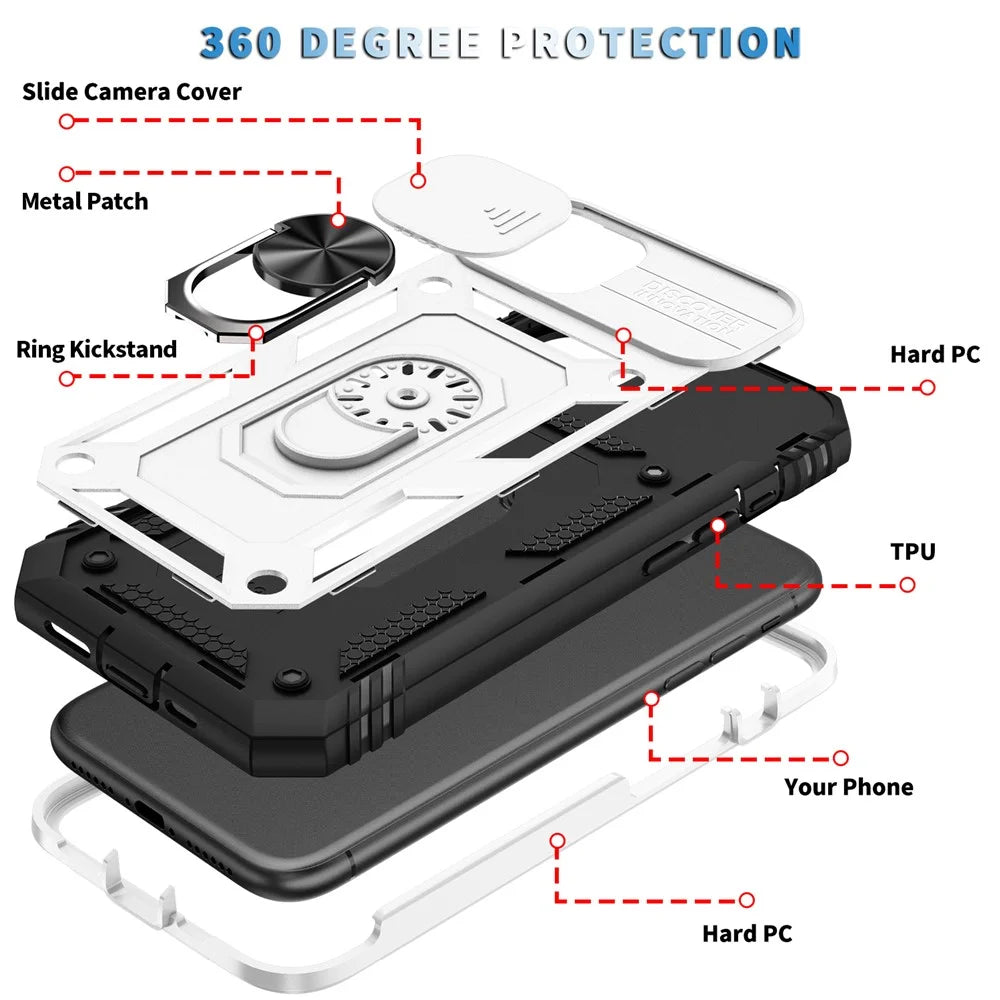 Ring Kickstand PC + TPU Impact-Resistant Bumpers Armor Protective Case with Slide Camera Lens Protection for iPhone 11 6.1 inch - White/Black - 6