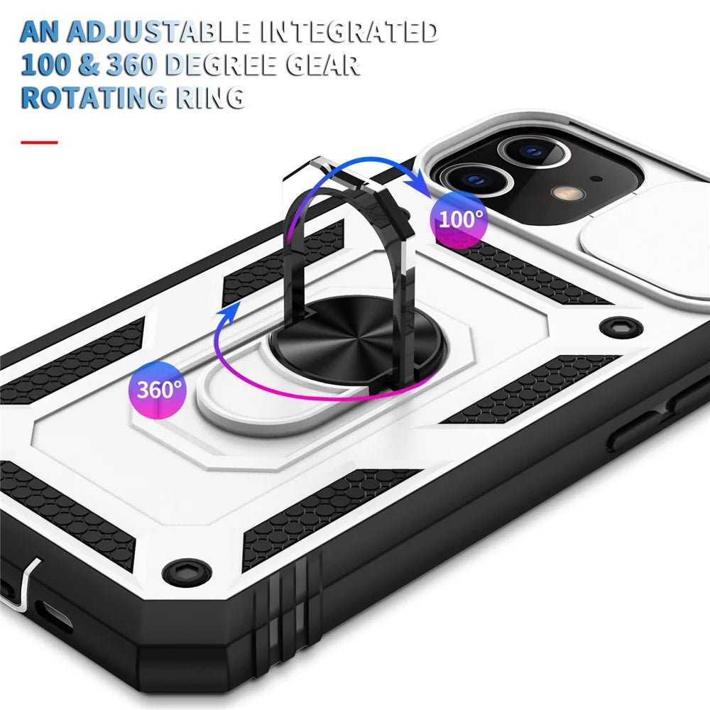 Ring Kickstand PC + TPU Impact-Resistant Bumpers Armor Protective Case with Slide Camera Lens Protection for iPhone 11 6.1 inch - White/Black - 7
