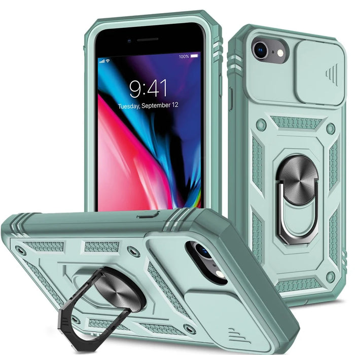 Ring Kickstand Hard PC Back + Soft TPU Edge Protective Shockproof Case with Camera Cover for iPhone 6 / SE (2022)/SE (2020)/8/7 - Green/Green - 1