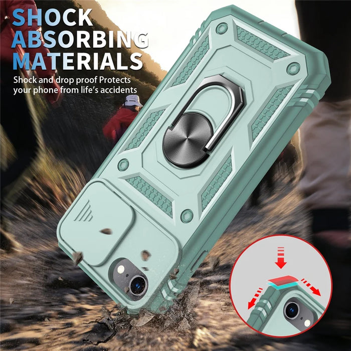 Ring Kickstand Hard PC Back + Soft TPU Edge Protective Shockproof Case with Camera Cover for iPhone 6 / SE (2022)/SE (2020)/8/7 - Green/Green - 3