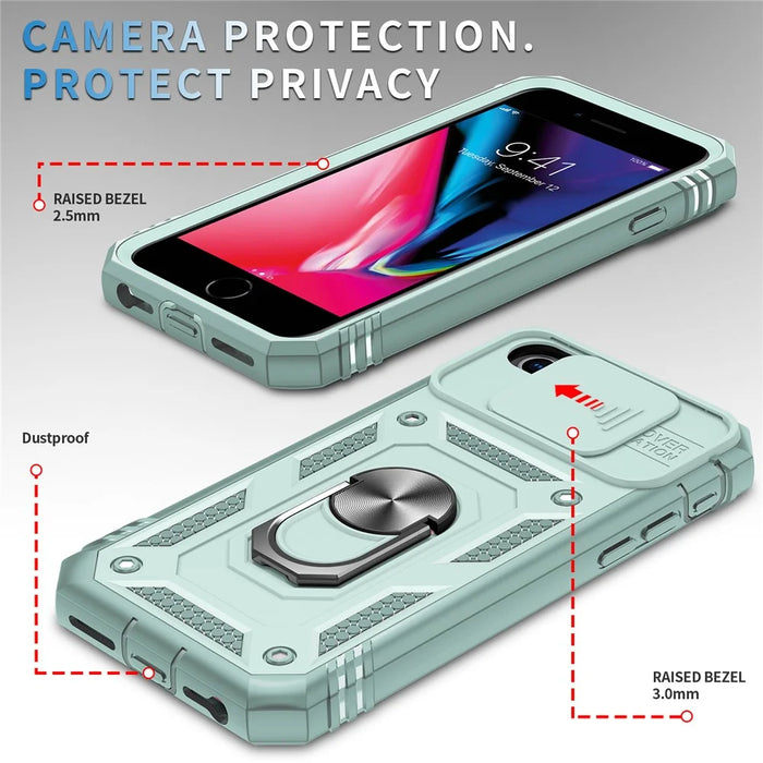 Ring Kickstand Hard PC Back + Soft TPU Edge Protective Shockproof Case with Camera Cover for iPhone 6 / SE (2022)/SE (2020)/8/7 - Green/Green - 4