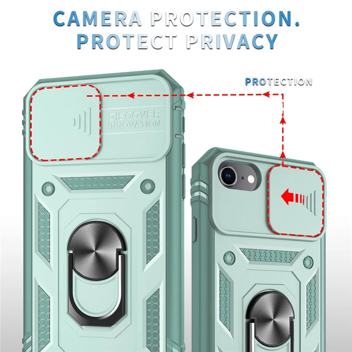 Ring Kickstand Hard PC Back + Soft TPU Edge Protective Shockproof Case with Camera Cover for iPhone 6 / SE (2022)/SE (2020)/8/7 - Green/Green - 5