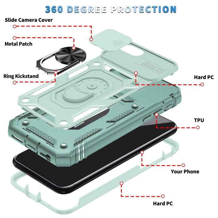 Ring Kickstand Hard PC Back + Soft TPU Edge Protective Shockproof Case with Camera Cover for iPhone 6 / SE (2022)/SE (2020)/8/7 - Green/Green - 6