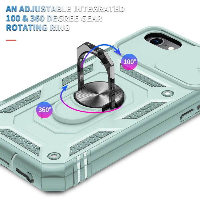 Ring Kickstand Hard PC Back + Soft TPU Edge Protective Shockproof Case with Camera Cover for iPhone 6 / SE (2022)/SE (2020)/8/7 - Green/Green - 7