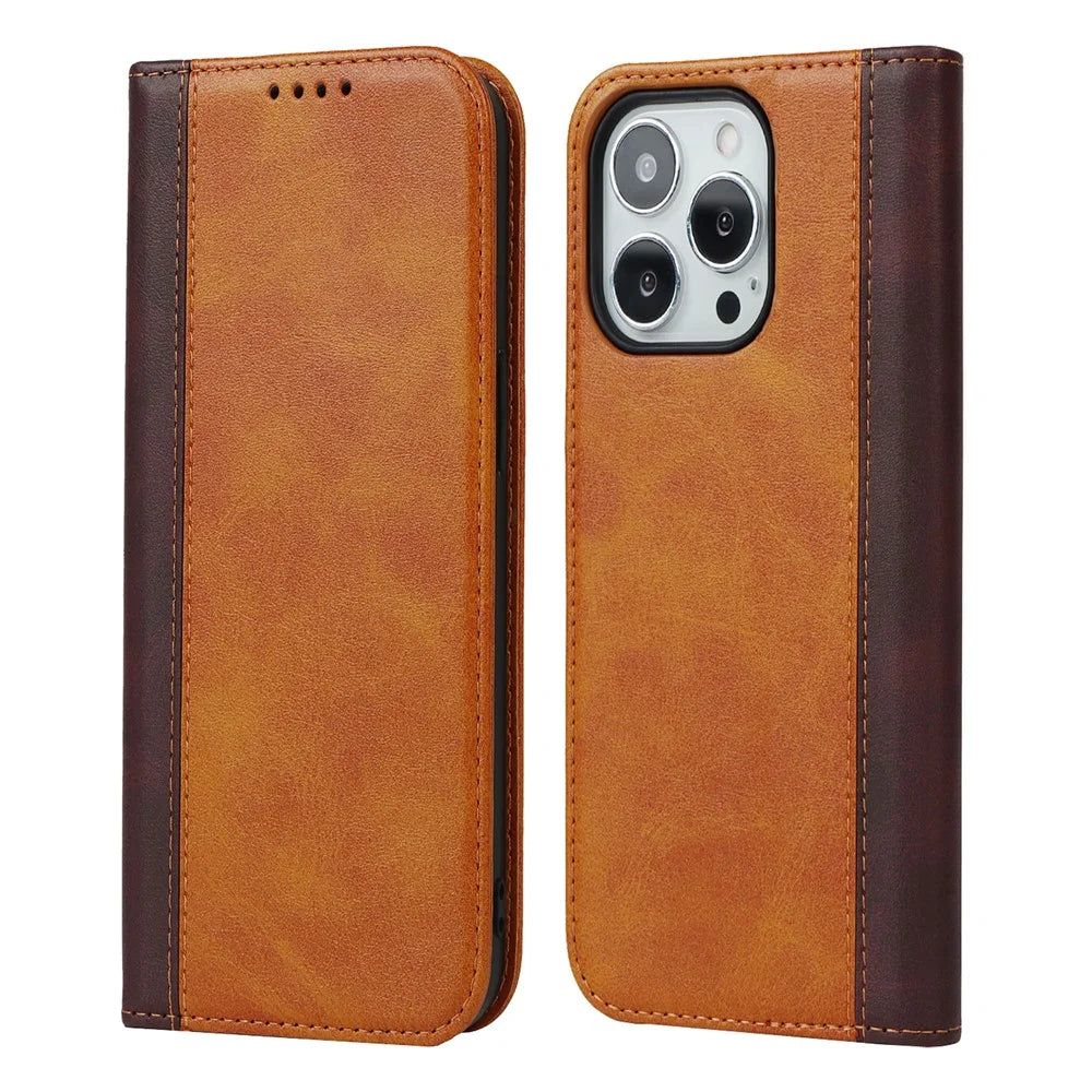 Flip Phone Cover for iPhone 13 Pro 6.1 inch Auto-absorbed Bi-color Splicing Design Leather Wallet Phone Shell Case - Yellow/Brown - 1