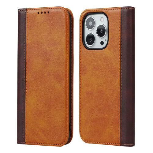 Flip Phone Cover for iPhone 13 Pro 6.1 inch Auto-absorbed Bi-color Splicing Design Leather Wallet Phone Shell Case - Yellow/Brown - 1