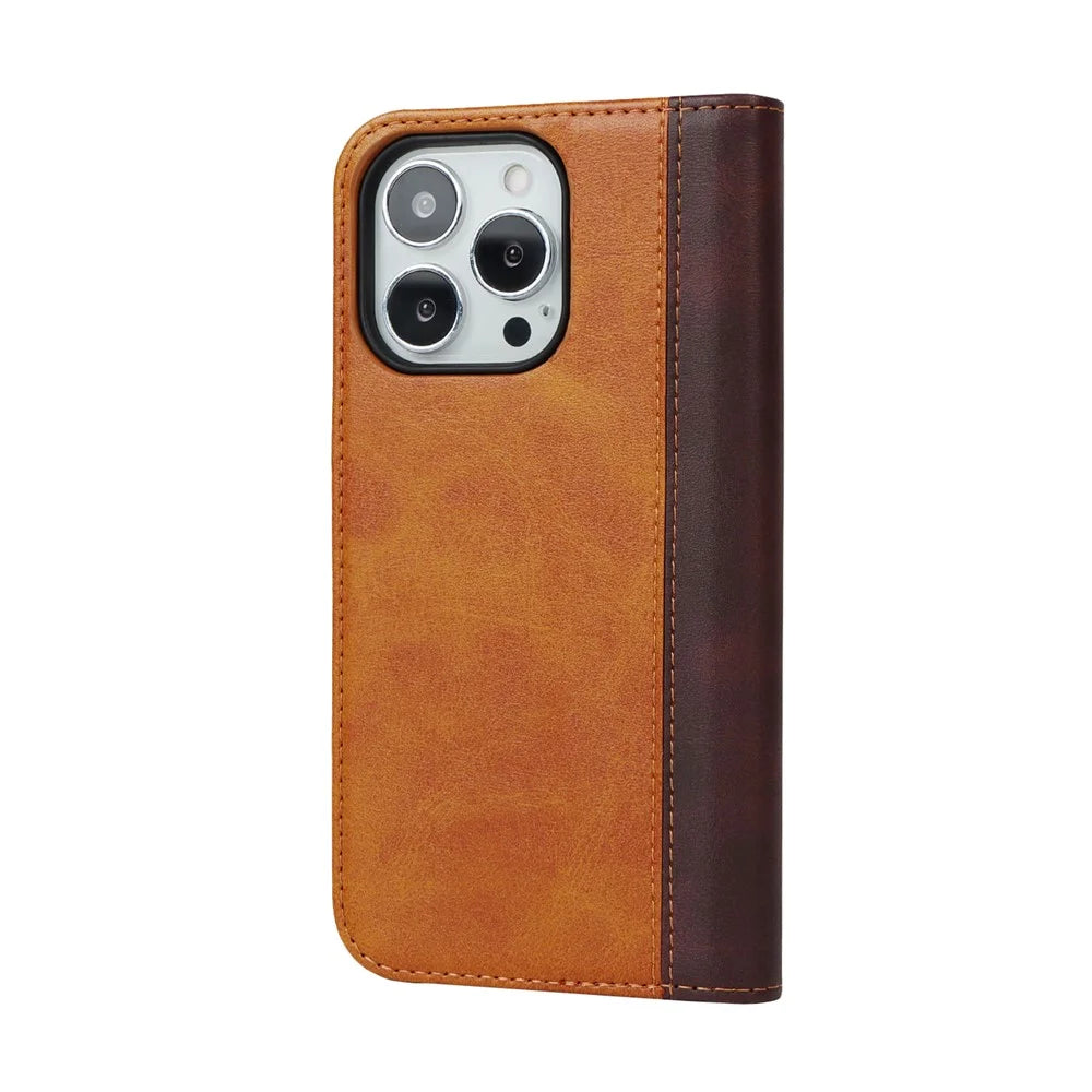 Flip Phone Cover for iPhone 13 Pro 6.1 inch Auto-absorbed Bi-color Splicing Design Leather Wallet Phone Shell Case - Yellow/Brown - 3