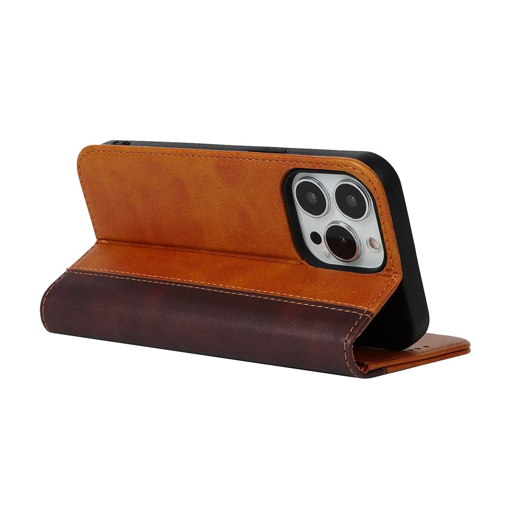 Flip Phone Cover for iPhone 13 Pro 6.1 inch Auto-absorbed Bi-color Splicing Design Leather Wallet Phone Shell Case - Yellow/Brown - 4