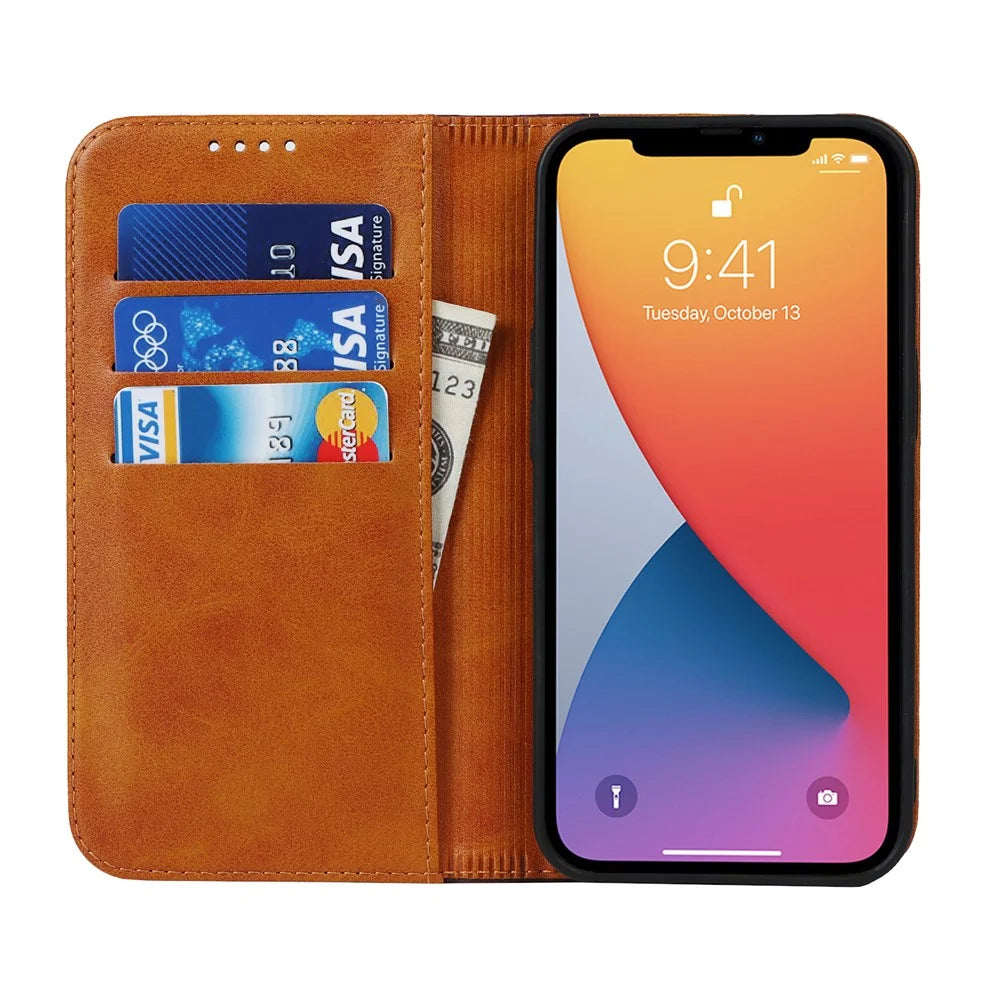 Flip Phone Cover for iPhone 13 Pro 6.1 inch Auto-absorbed Bi-color Splicing Design Leather Wallet Phone Shell Case - Yellow/Brown - 6