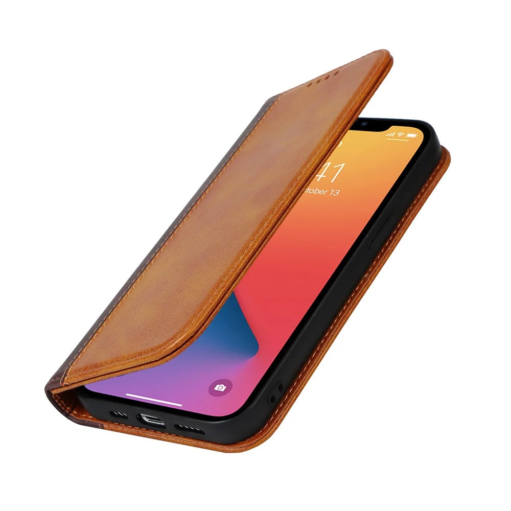 Flip Phone Cover for iPhone 13 Pro 6.1 inch Auto-absorbed Bi-color Splicing Design Leather Wallet Phone Shell Case - Yellow/Brown - 7