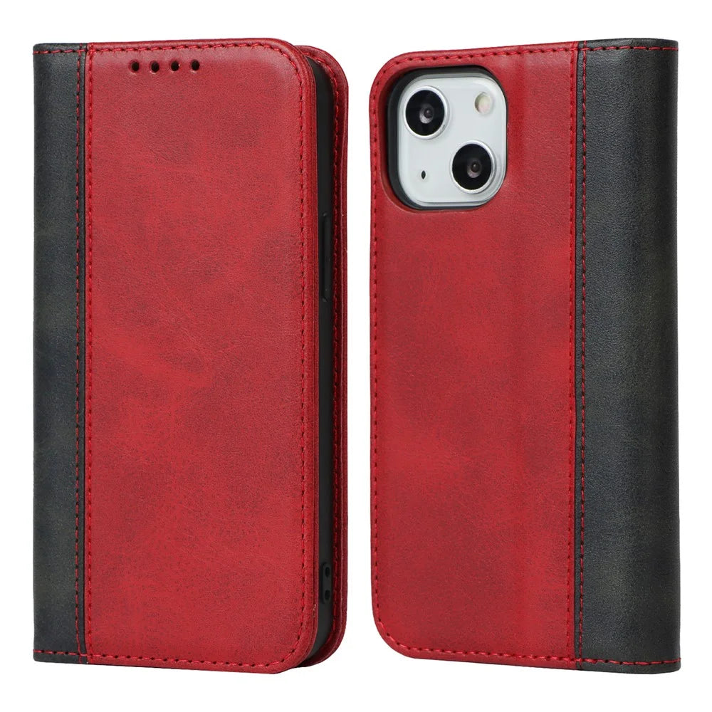 Bi-color Splicing Design Auto-absorbed PU Leather Wallet Phone Shell Case for iPhone 13 6.1 inch - Red/Black - 1