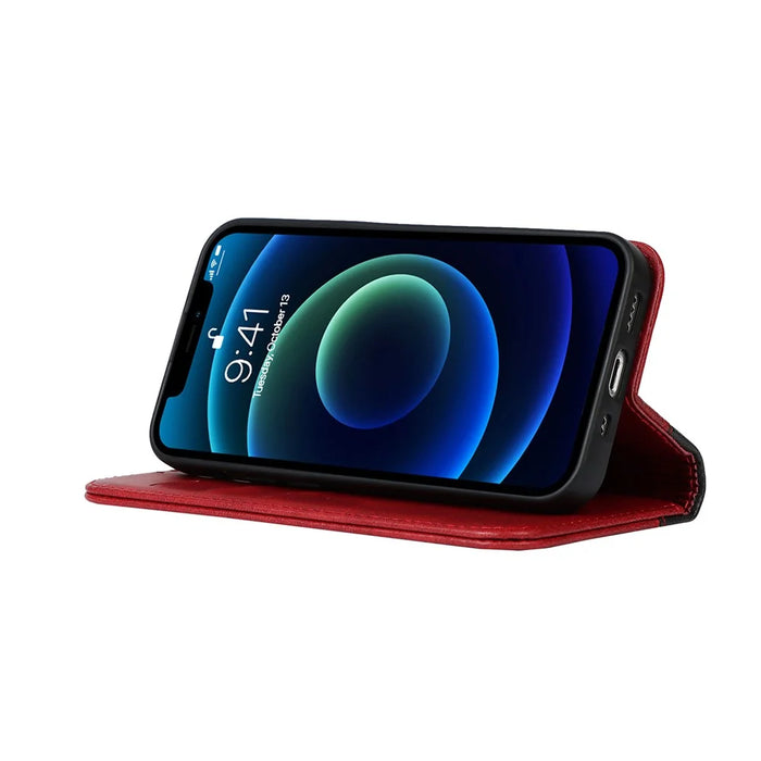 Bi-color Splicing Design Auto-absorbed PU Leather Wallet Phone Shell Case for iPhone 13 6.1 inch - Red/Black - 5