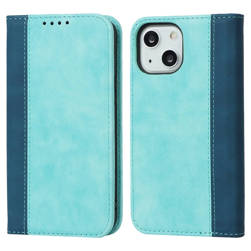Scratch Resistant Phone Cover Full Protection Auto-absorbed Bi-color Splicing Design Leather Wallet Phone Case for iPhone 13 mini 5.4 inch - Light Blue/Dark Blue - 1
