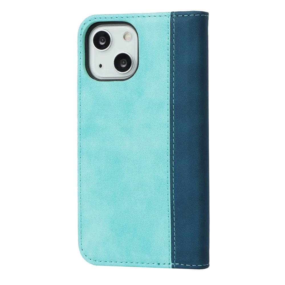 Scratch Resistant Phone Cover Full Protection Auto-absorbed Bi-color Splicing Design Leather Wallet Phone Case for iPhone 13 mini 5.4 inch - Light Blue/Dark Blue - 3