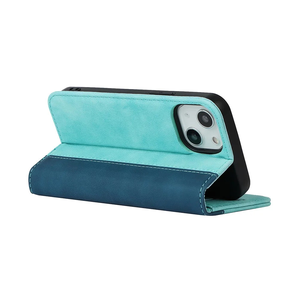 Scratch Resistant Phone Cover Full Protection Auto-absorbed Bi-color Splicing Design Leather Wallet Phone Case for iPhone 13 mini 5.4 inch - Light Blue/Dark Blue - 4