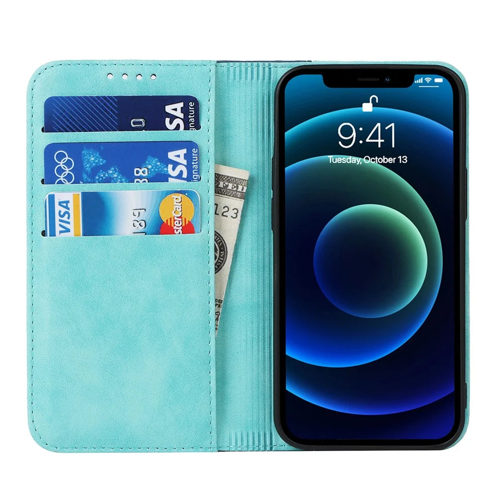 Scratch Resistant Phone Cover Full Protection Auto-absorbed Bi-color Splicing Design Leather Wallet Phone Case for iPhone 13 mini 5.4 inch - Light Blue/Dark Blue - 6
