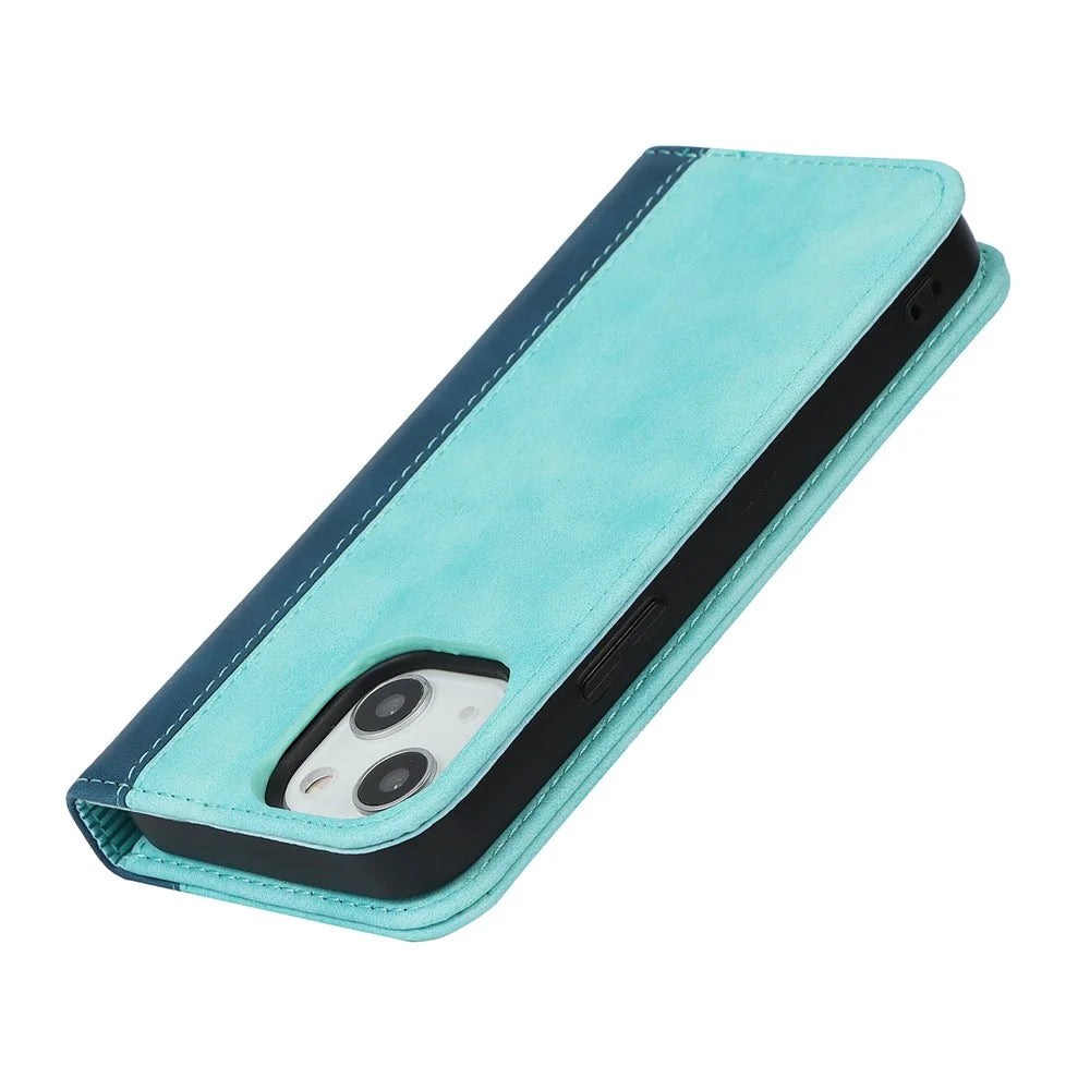 Scratch Resistant Phone Cover Full Protection Auto-absorbed Bi-color Splicing Design Leather Wallet Phone Case for iPhone 13 mini 5.4 inch - Light Blue/Dark Blue - 7