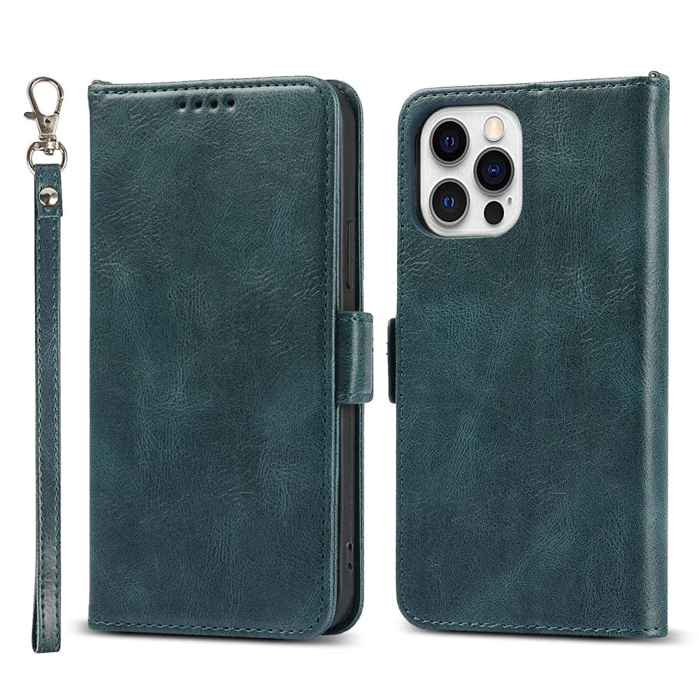 Flip Phone Case With Strap Supporting Stand RFID Blocking Magnetic Closure Wallet Phone Cover for iPhone 13 Pro 6.1 inch - Blue - 1