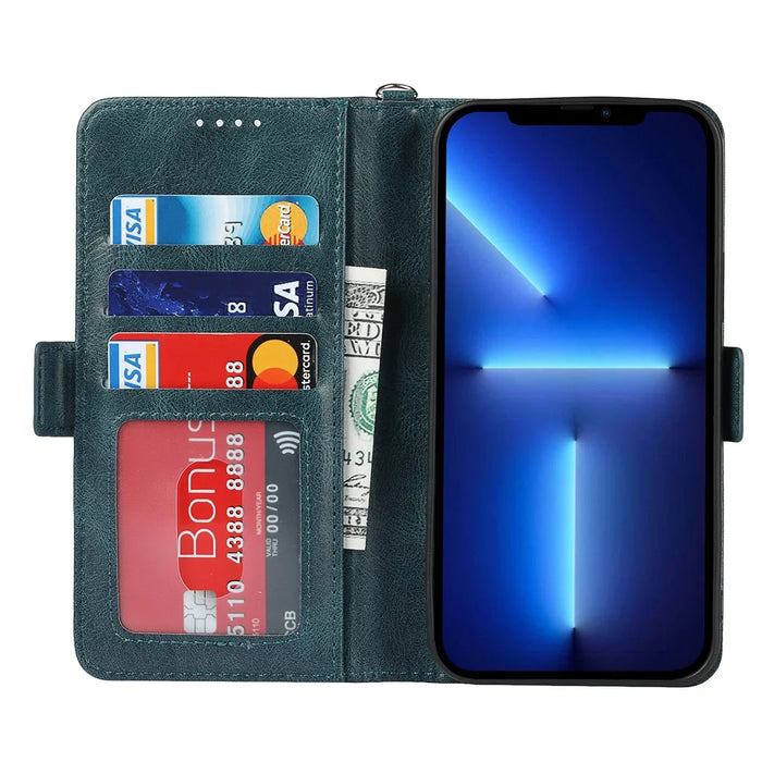 Flip Phone Case With Strap Supporting Stand RFID Blocking Magnetic Closure Wallet Phone Cover for iPhone 13 Pro 6.1 inch - Blue - 4