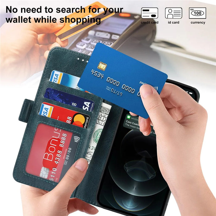 Flip Phone Case With Strap Supporting Stand RFID Blocking Magnetic Closure Wallet Phone Cover for iPhone 13 Pro 6.1 inch - Blue - 7
