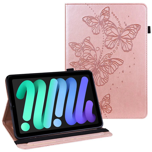 Imprinting Butterflies Auto Wake / Sleep Stand Tablet Cover Leather Case with Card Holder for iPad mini (2024) / mini (2021) - Rose Gold - 1