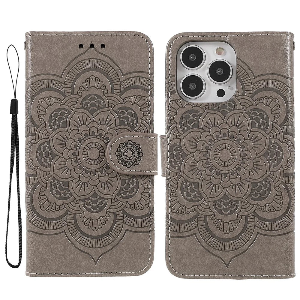 Imprinting Mandala Flower Protective Leather Phone Cover Case with Stand Wallet for iPhone 13 Pro 6.1 inch - Grey - 1
