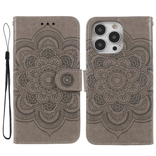 Imprinting Mandala Flower Protective Leather Phone Cover Case with Stand Wallet for iPhone 13 Pro 6.1 inch - Grey - 1