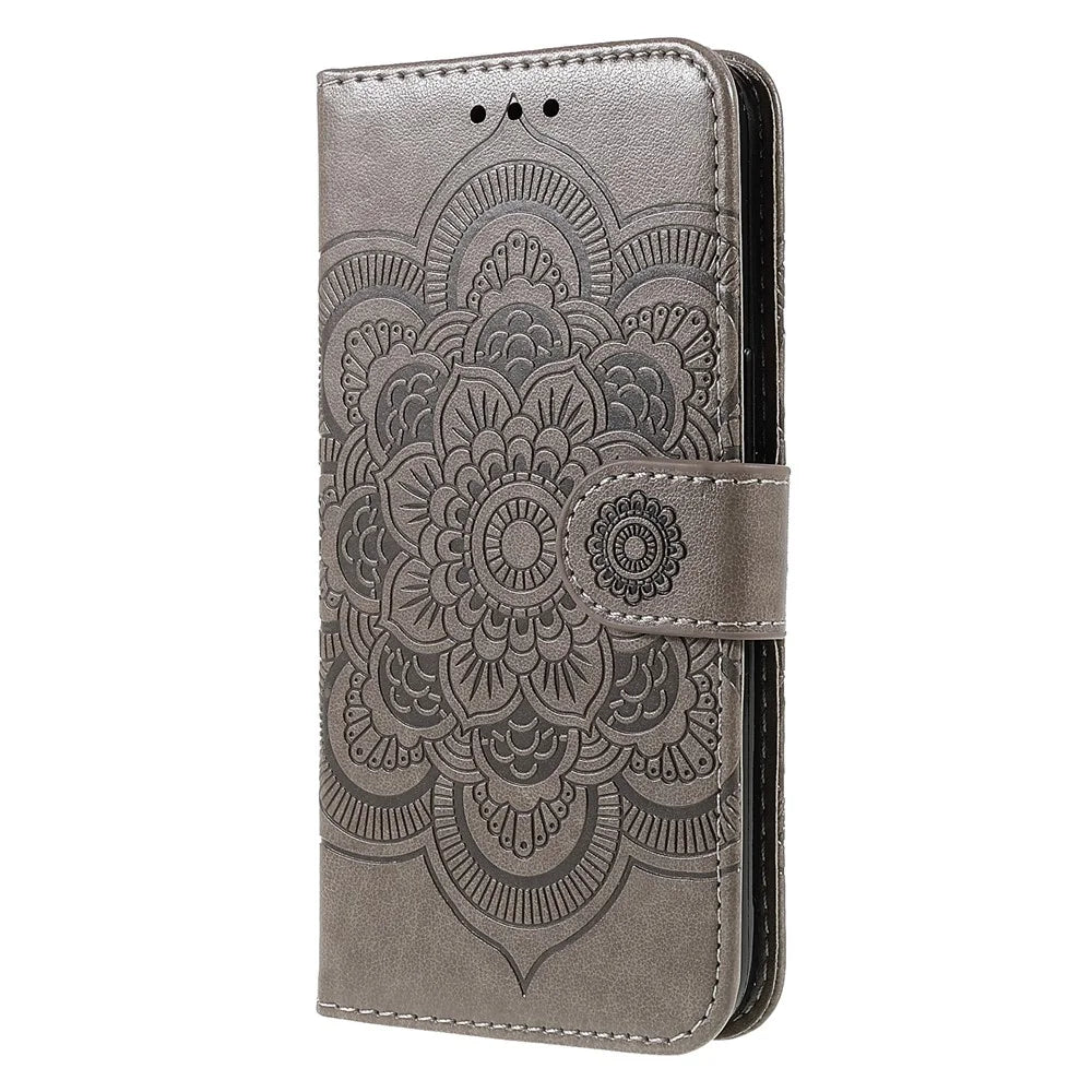 Imprinting Mandala Flower Protective Leather Phone Cover Case with Stand Wallet for iPhone 13 Pro 6.1 inch - Grey - 2