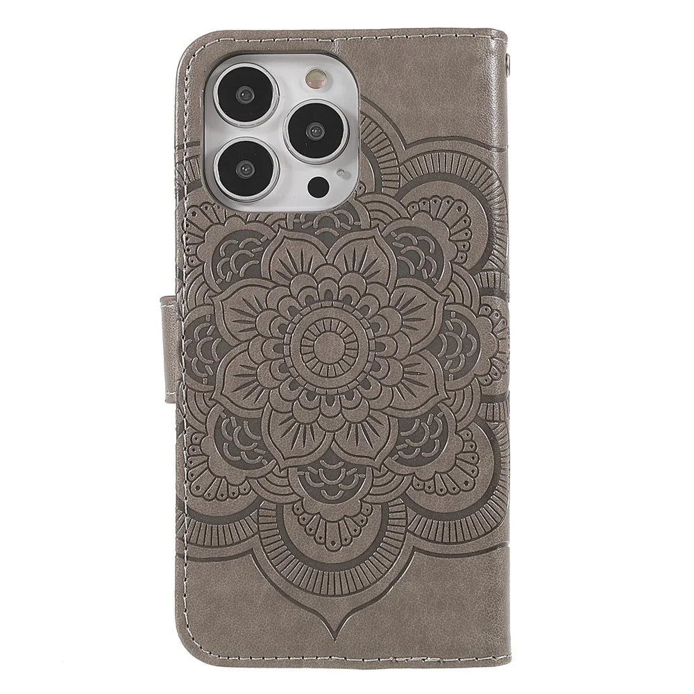 Imprinting Mandala Flower Protective Leather Phone Cover Case with Stand Wallet for iPhone 13 Pro 6.1 inch - Grey - 3