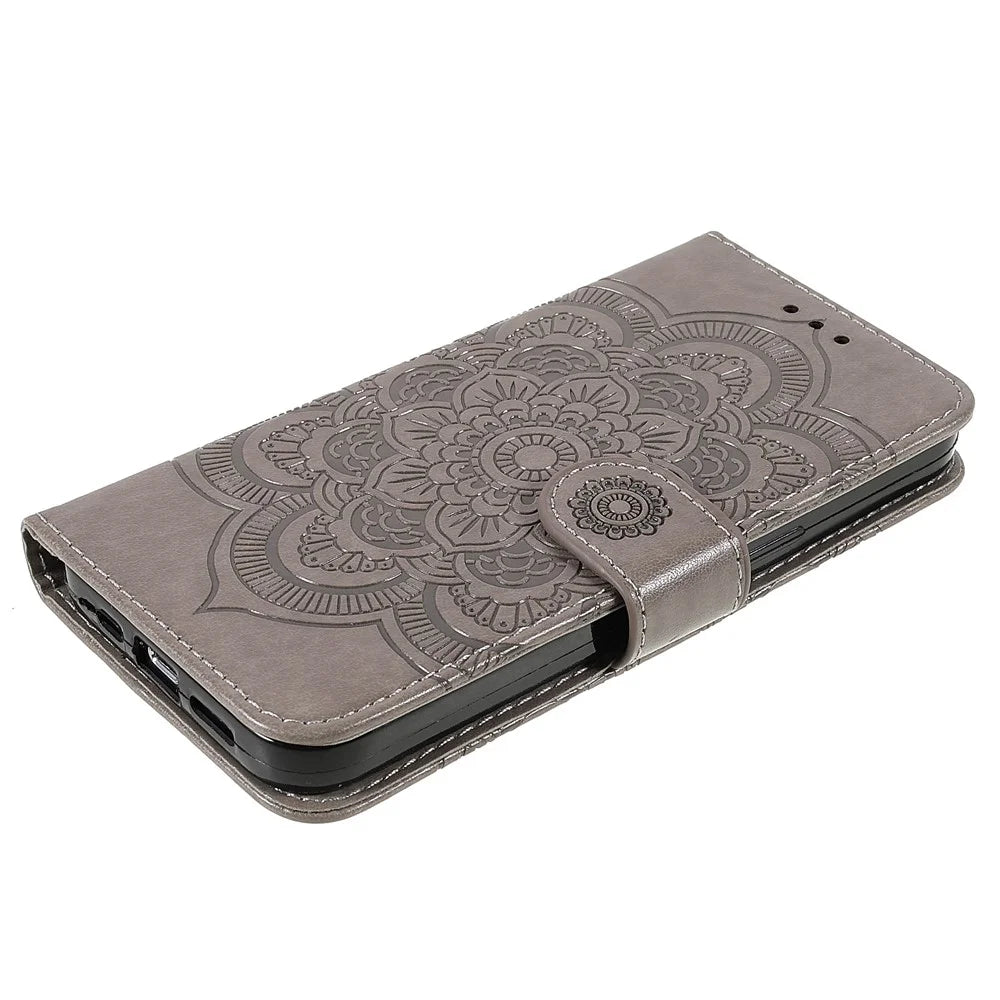 Imprinting Mandala Flower Protective Leather Phone Cover Case with Stand Wallet for iPhone 13 Pro 6.1 inch - Grey - 4