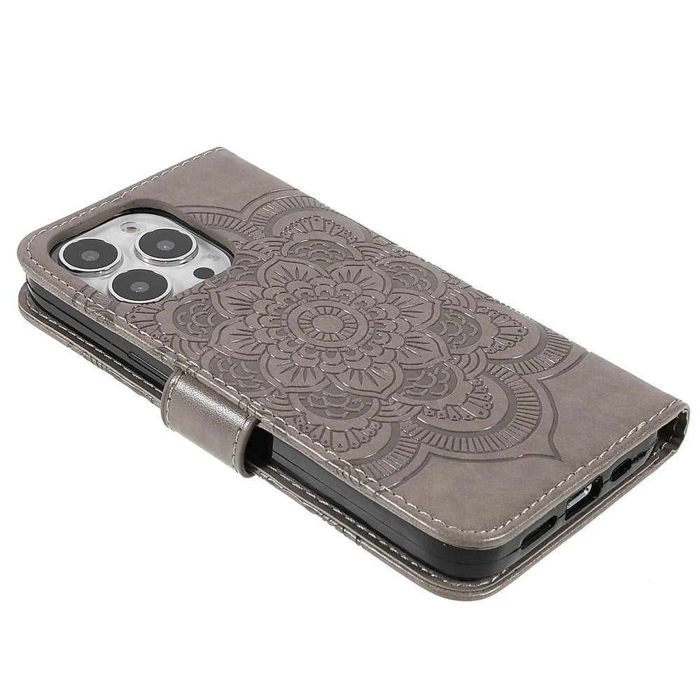 Imprinting Mandala Flower Protective Leather Phone Cover Case with Stand Wallet for iPhone 13 Pro 6.1 inch - Grey - 5