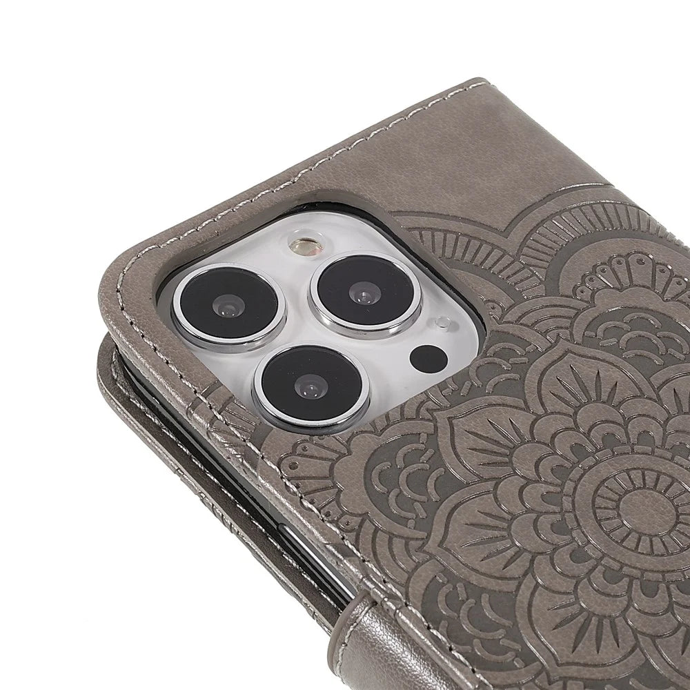 Imprinting Mandala Flower Protective Leather Phone Cover Case with Stand Wallet for iPhone 13 Pro 6.1 inch - Grey - 6