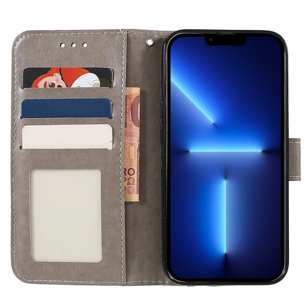 Imprinting Mandala Flower Protective Leather Phone Cover Case with Stand Wallet for iPhone 13 Pro 6.1 inch - Grey - 7