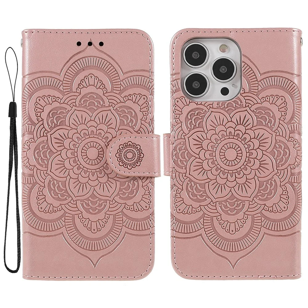 PU Leather Imprinting Mandala Flower Phone Cover Stand Wallet Case for iPhone 13 Pro Max 6.7 inch - Rose Gold - 1