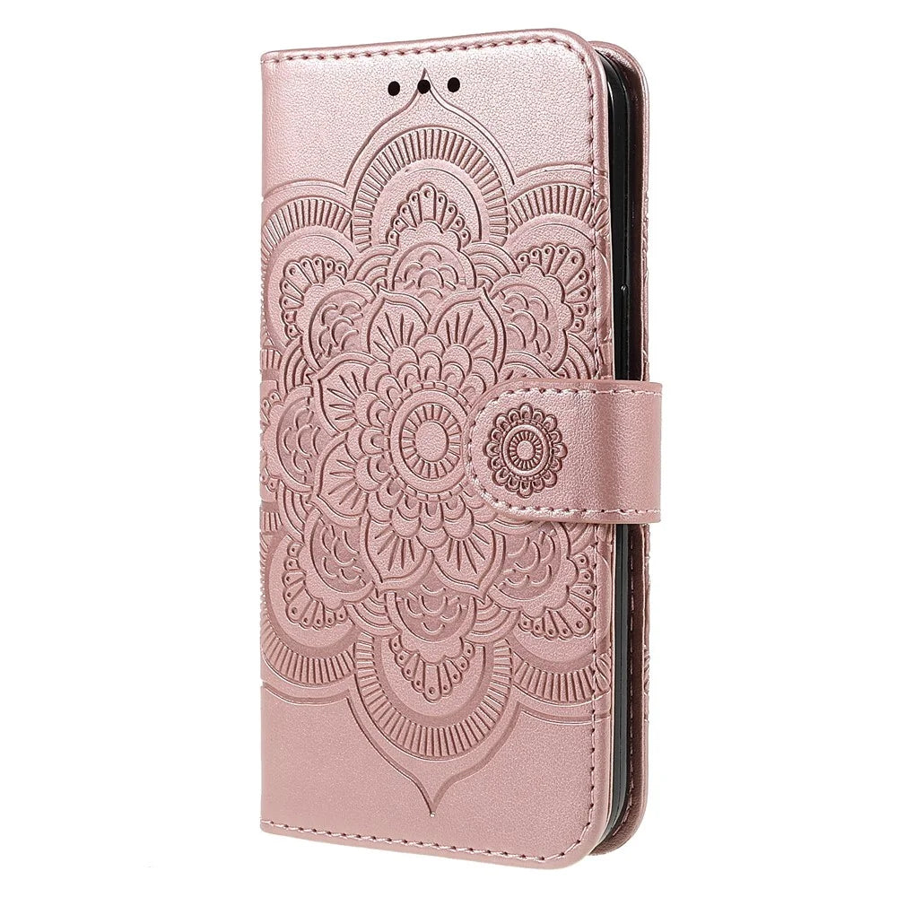 PU Leather Imprinting Mandala Flower Phone Cover Stand Wallet Case for iPhone 13 Pro Max 6.7 inch - Rose Gold - 2