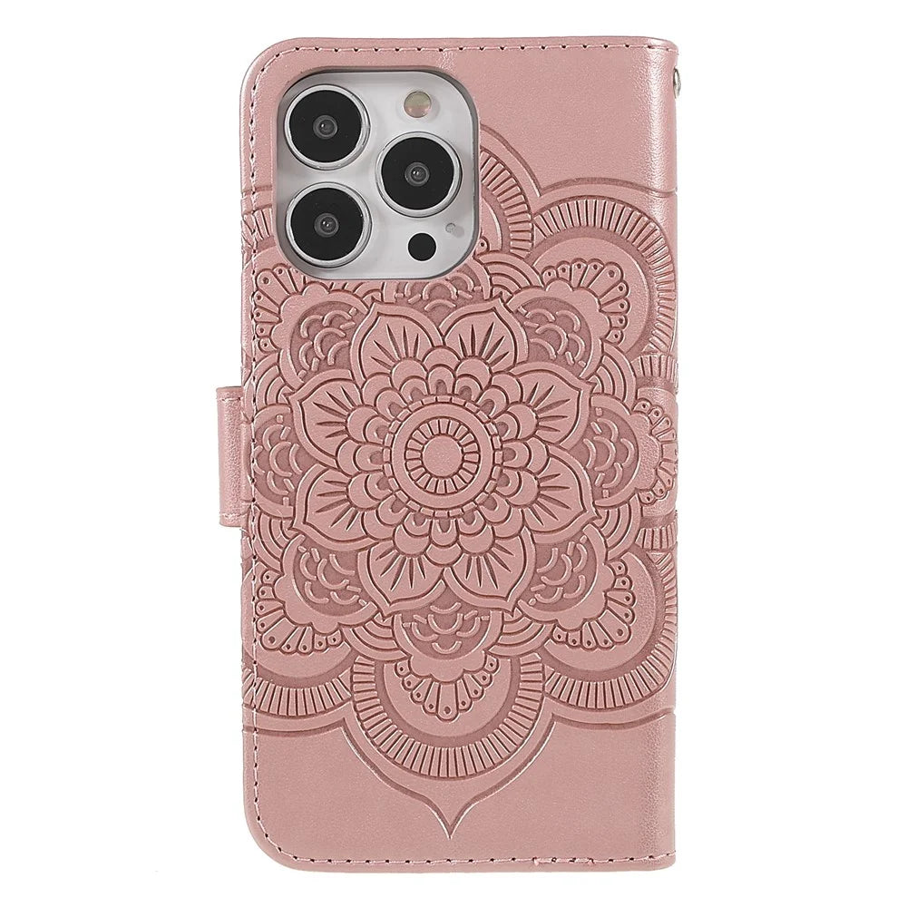 PU Leather Imprinting Mandala Flower Phone Cover Stand Wallet Case for iPhone 13 Pro Max 6.7 inch - Rose Gold - 3