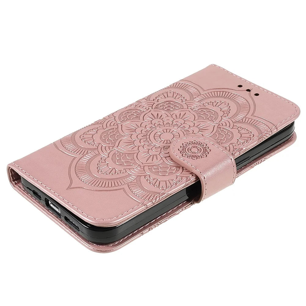 PU Leather Imprinting Mandala Flower Phone Cover Stand Wallet Case for iPhone 13 Pro Max 6.7 inch - Rose Gold - 4