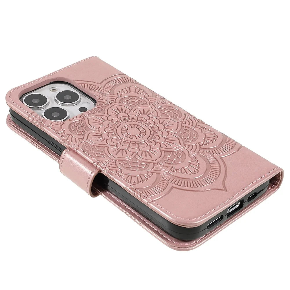 PU Leather Imprinting Mandala Flower Phone Cover Stand Wallet Case for iPhone 13 Pro Max 6.7 inch - Rose Gold - 5